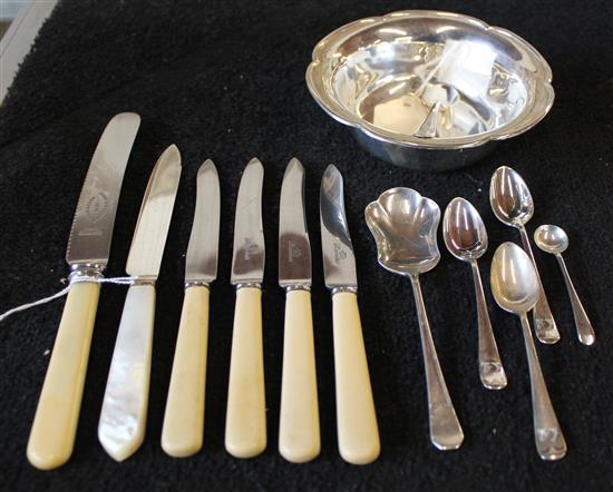 Small circular silver bowl, fluted edge, sundry silver & plated flatware